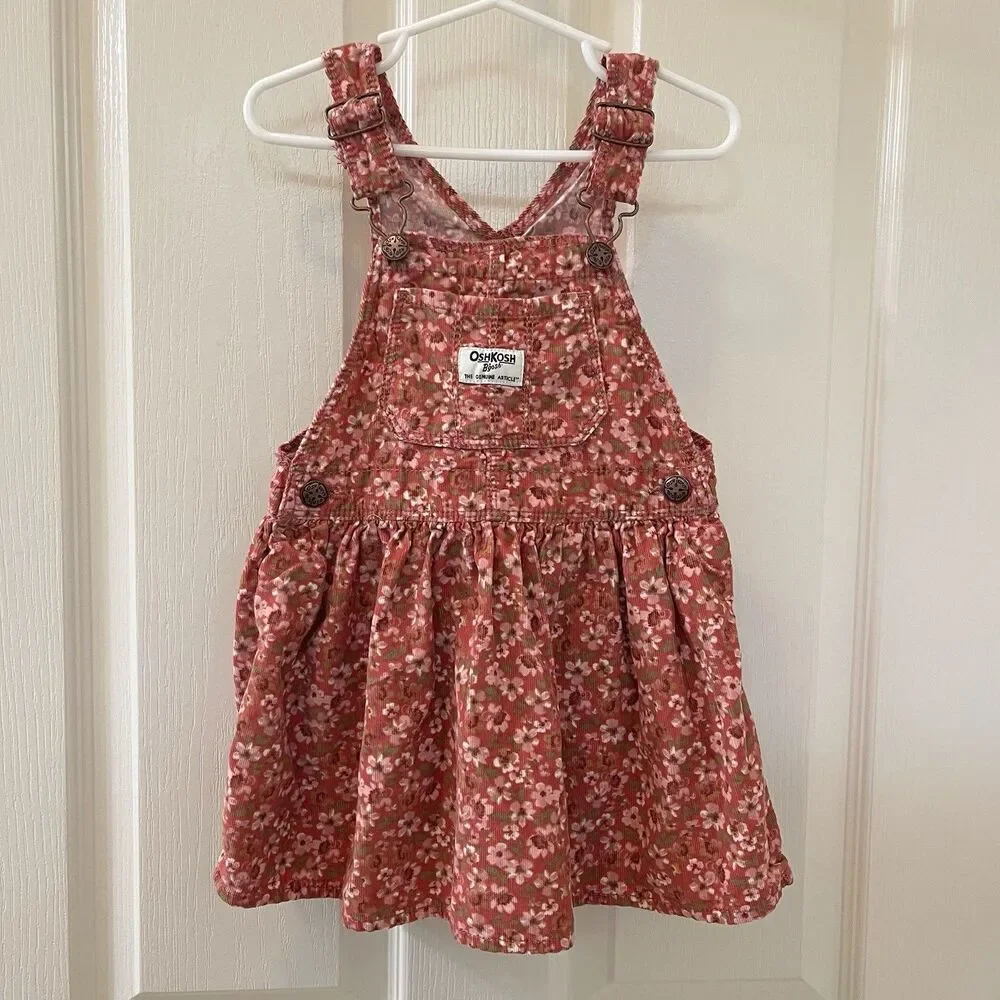 Oshkosh B'gosh Pink Floral Corduroy Overall Dress Jumper Girls Size 3T